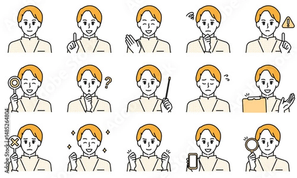 Fototapeta 表情とポーズで感情を表す白衣を着用した看護師の男性のイラストセット