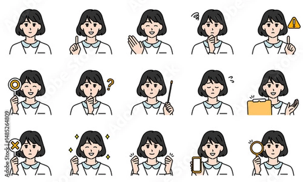 Obraz 表情とポーズで感情を表す白衣を着用した看護師の女性のイラストセット