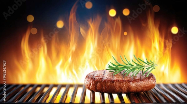 Obraz A perfectly grilled steak sits on a barbecue grate, adorned with fresh herbs. The vivid flames in the background emphasize the joy of preparing healthy grilled meals
