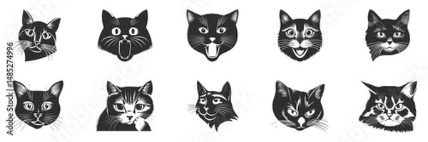 Fototapeta Cat Faces With Various Expressions Silhouette Set. Feline Emotions And Expressions Isolated Vector Illustration Collection