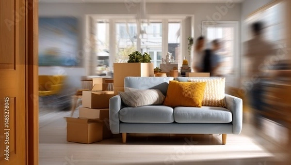 Fototapeta Couch, boxes, family moving into bright home, background activities, relocation