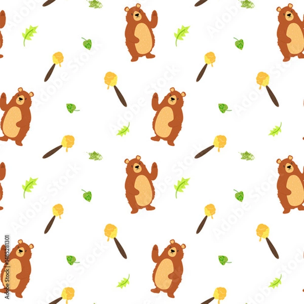 Fototapeta Seamless pattern with bears, wooden spoon with honey dripping, hand drawn leaves with trendy textures. Image for printing on wrapping paper and canvas, for kids, poster or banner. Cartoon flat