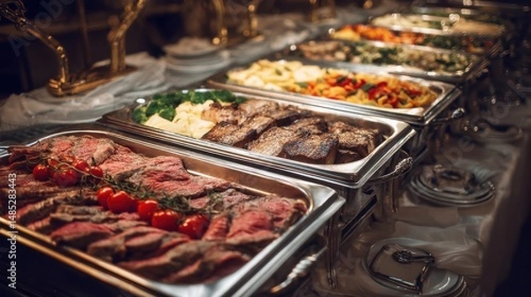 Fototapeta Elegant Buffet Table Displaying Various Meats Vegetables and Pasta Dishes in Silver Chafing Dishes Close Up Food Photography
