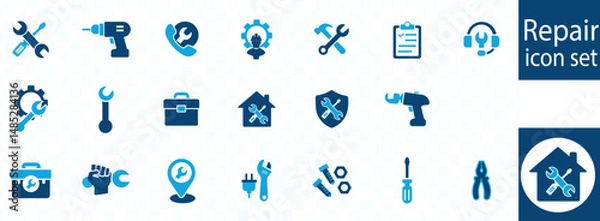 Fototapeta Repair icon set. Containing fix, maintenance, toolbox, assistance, broken, troubleshoot, patch and repairman service icons