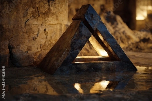 Fototapeta Intricate wooden triangle lamp fixture in a dimly lit space.