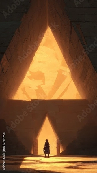 Fototapeta An ancient, triangular passageway with a lone figure.