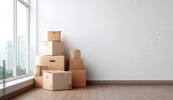 Obraz Empty room, stacked cardboard boxes,  moving day