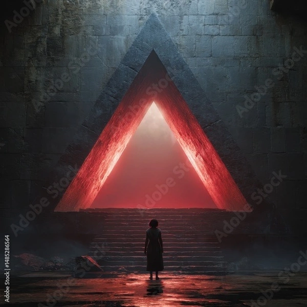 Fototapeta Mysterious triangular doorway in a dark ancient stone structure.