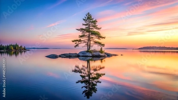 Fototapeta Serene Sunset over Calm Lake with Lone Pine Tree