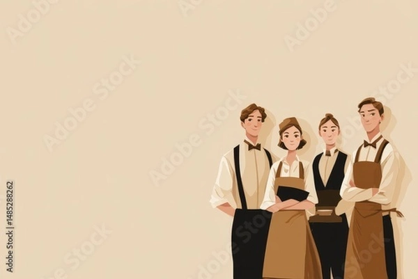 Fototapeta waiting staff, waiters and waitress with apron on beige background, copy space, team, professional