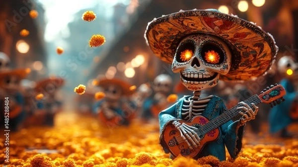 Obraz Festive Day of the Dead skeletons playing music amidst marigold flowers
