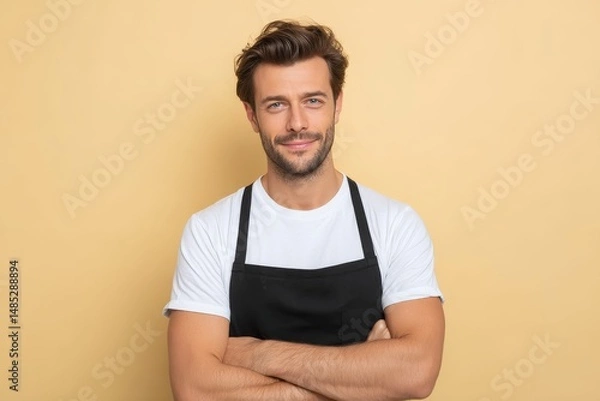 Fototapeta portrait of 30 years old caucasian man in white t-shirt and apron on beige background, authentic