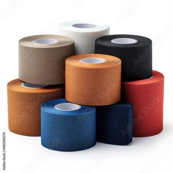 Fototapeta Various rolls of colored adhesive tape stacked together on a white background