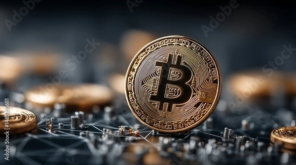 Fototapeta Blockchain and Cryptocurrency Concept with Golden Bitcoin