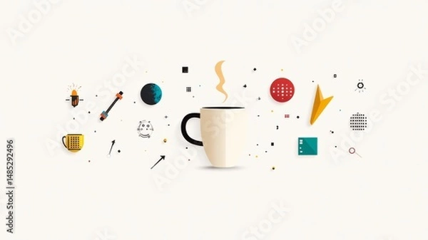 Obraz A fun and clever poster with icons like binary code, brackets, pixel art, and a glowing coffee mug