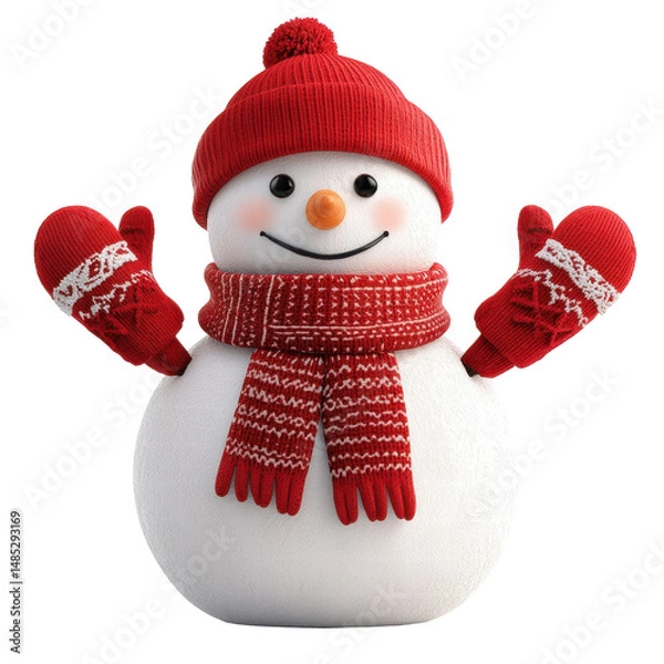 Obraz Isolated Snowman with Raised Arms and Red Accessories