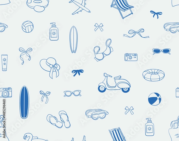 Fototapeta Seamless pattern of summer items. Line art, ink, minimalist style. Vector illustration. Summer collection.