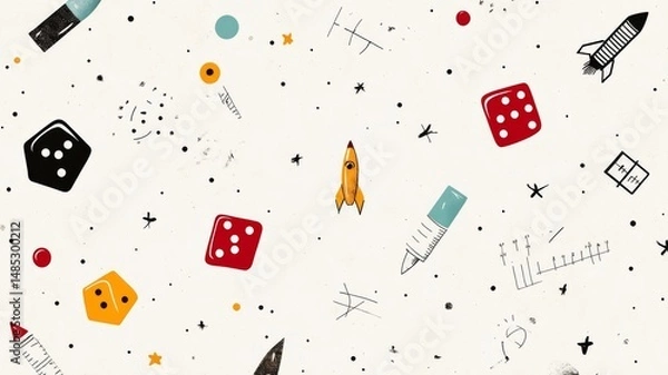 Obraz A digital collage of geek culture icons: D20 dice, space rockets, code snippets, comic book panels, math equations, and retro gaming graphics