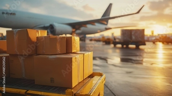 Obraz Cargo boxes on a luggage cart at sunset with an airplane in the background. (2)