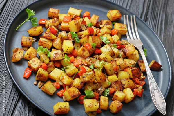 Obraz golden fried potatoes cubes with red bell pepper