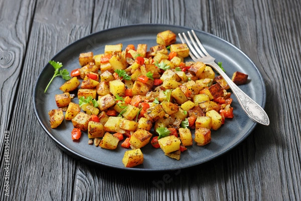 Obraz golden fried potatoes cubes with red bell pepper