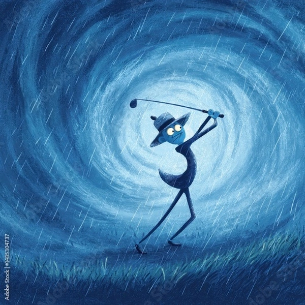 Fototapeta A whimsical illustration of a figure playing golf in a stormy scene.