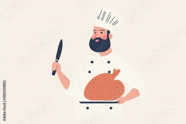 Fototapeta Happy Chef with Roast Chicken Ready for Serving in Kitchen