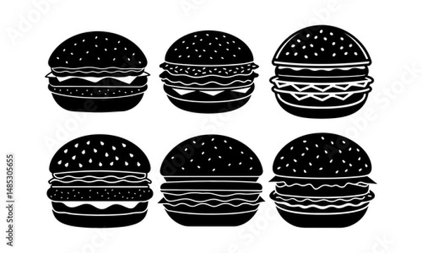 Fototapeta Burger Icon Set: A set of six distinct hamburger icon designs in black and white, each with a different composition of ingredients. Each icon is fully rendered with detailed lines and shapes.