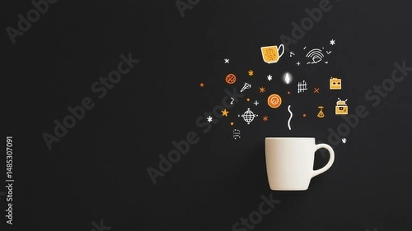 Fototapeta A fun and clever poster with icons like binary code, brackets, pixel art, and a glowing coffee mug
