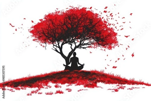 Fototapeta Meditative Figure Under Vibrant Red Tree with Falling Leaves