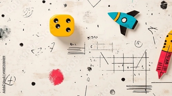 Obraz A digital collage of geek culture icons: D20 dice, space rockets, code snippets, comic book panels, math equations, and retro gaming graphics