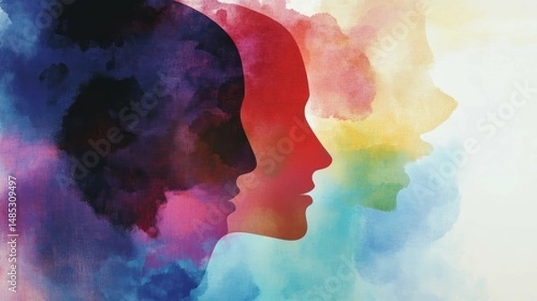 Obraz Colorful watercolor illustration of human profiles, representing thoug
