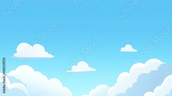 Obraz Cartoon illustration of a bright blue sky with fluffy clouds