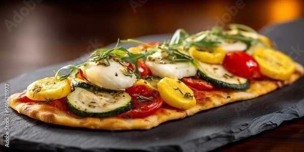 Fototapeta Rustic flatbread served on stone board with tomato, squash, mozzarella