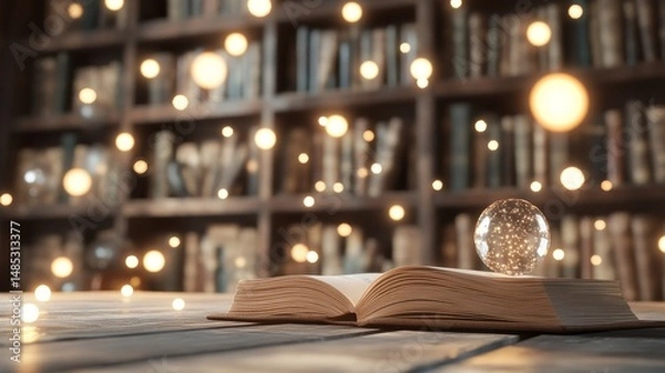 Obraz A magical library filled with fantasy novels, manga, board games, and glowing artifacts from video games and sci-fi films