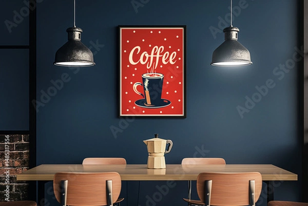 Fototapeta An artistic coffee poster adorns a dining room, with a vintage coffee maker on the table and pendant lights. Generative AI