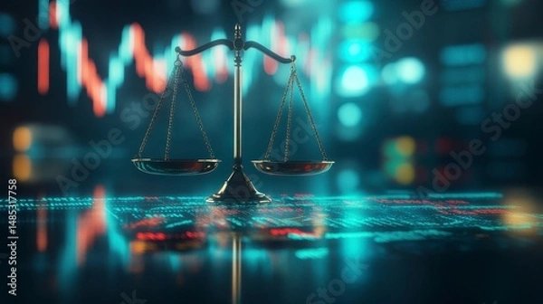 Fototapeta Scales of justice on digital background with stock market graphs.