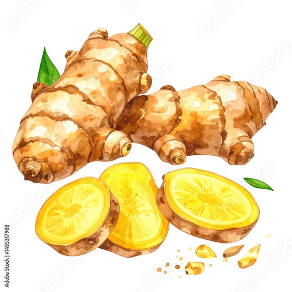 Obraz Detailed Watercolor Illustration of Jerusalem Artichoke on a White Background, Featuring Whole and Sliced Pieces with Vibrant Colors and Textures