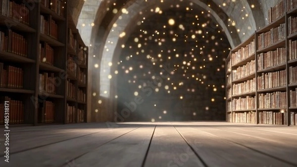 Obraz A magical library filled with fantasy novels, manga, board games, and glowing artifacts from video games and sci-fi films