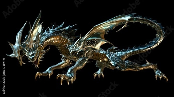 Obraz Illustration of a gold and blue dragon on a black background.