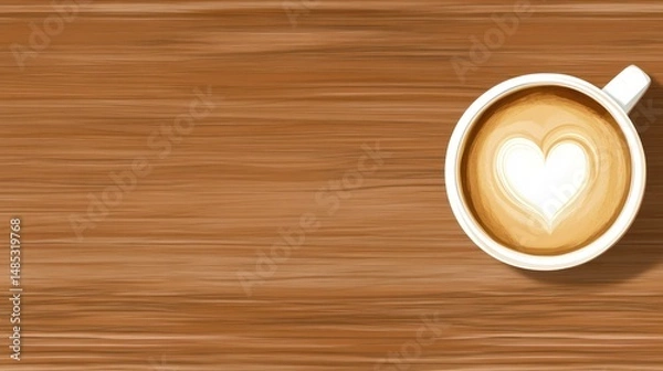 Obraz Latte art heart in coffee cup, cozy warm, flat lay illustration