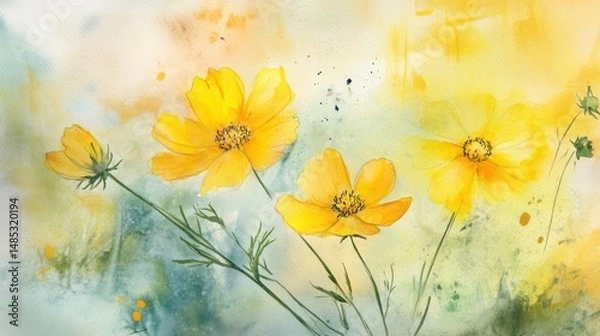 Obraz Watercolor painting of vibrant yellow cosmos flowers in bloom.