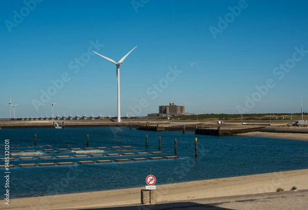 Fototapeta Wind turbine by the sea near the Deltawerk