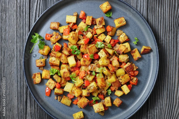 Obraz golden fried potatoes cubes with red bell pepper