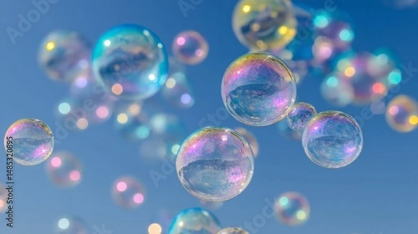 Obraz Colorful Soap Bubbles Floating in a Blue Sky