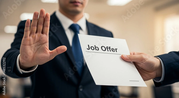 Fototapeta Job Offer Rejection Hand Gesture Refusing Job Offer Business Concept. Businessman rejects job offer with hand gesture in office setting