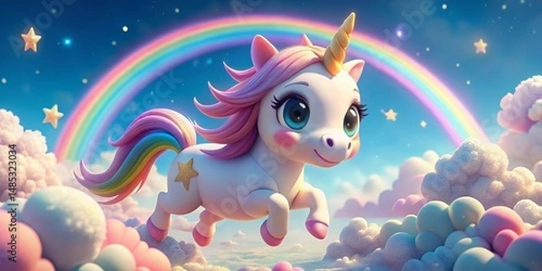 Obraz A cute 3D cartoon unicorn with big sparkling eyes in a fantasy scene.