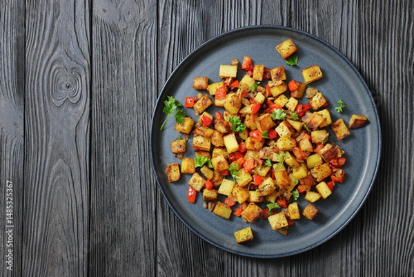 Obraz golden fried potatoes cubes with red bell pepper