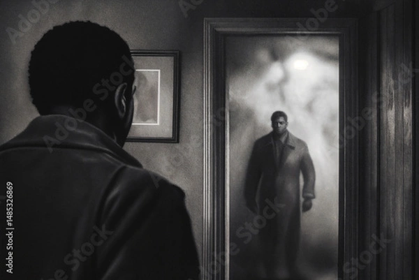 Fototapeta a black and white image of a man in close-up view from the back, looking at another person through an open door