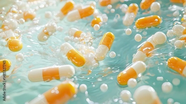Fototapeta Illustration of microscopic bacteria in a fluid environment, featuring elongated yellow rod-shaped bacteria and smaller spherical shapes.